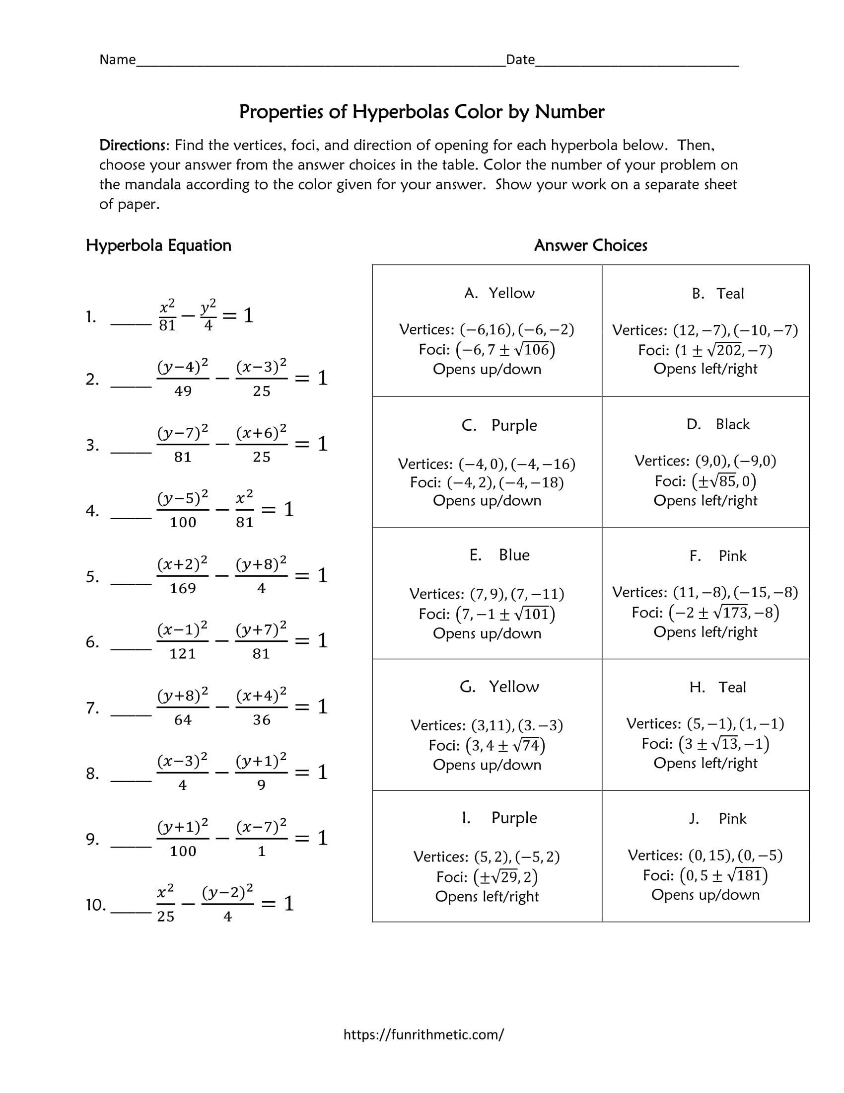 Properties of Hyperbolas Color by Number-2