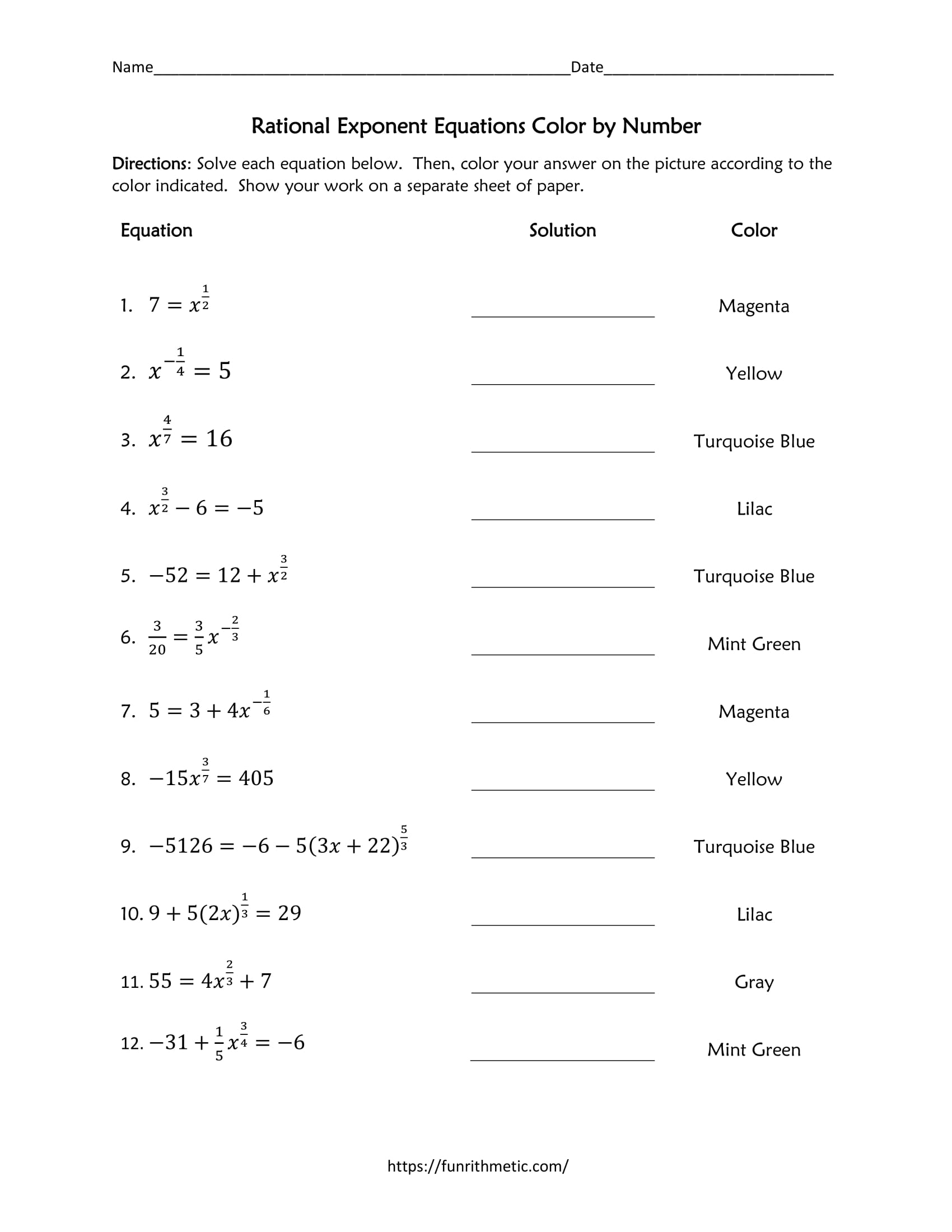 Rational Exponent Equations Color by Number-2