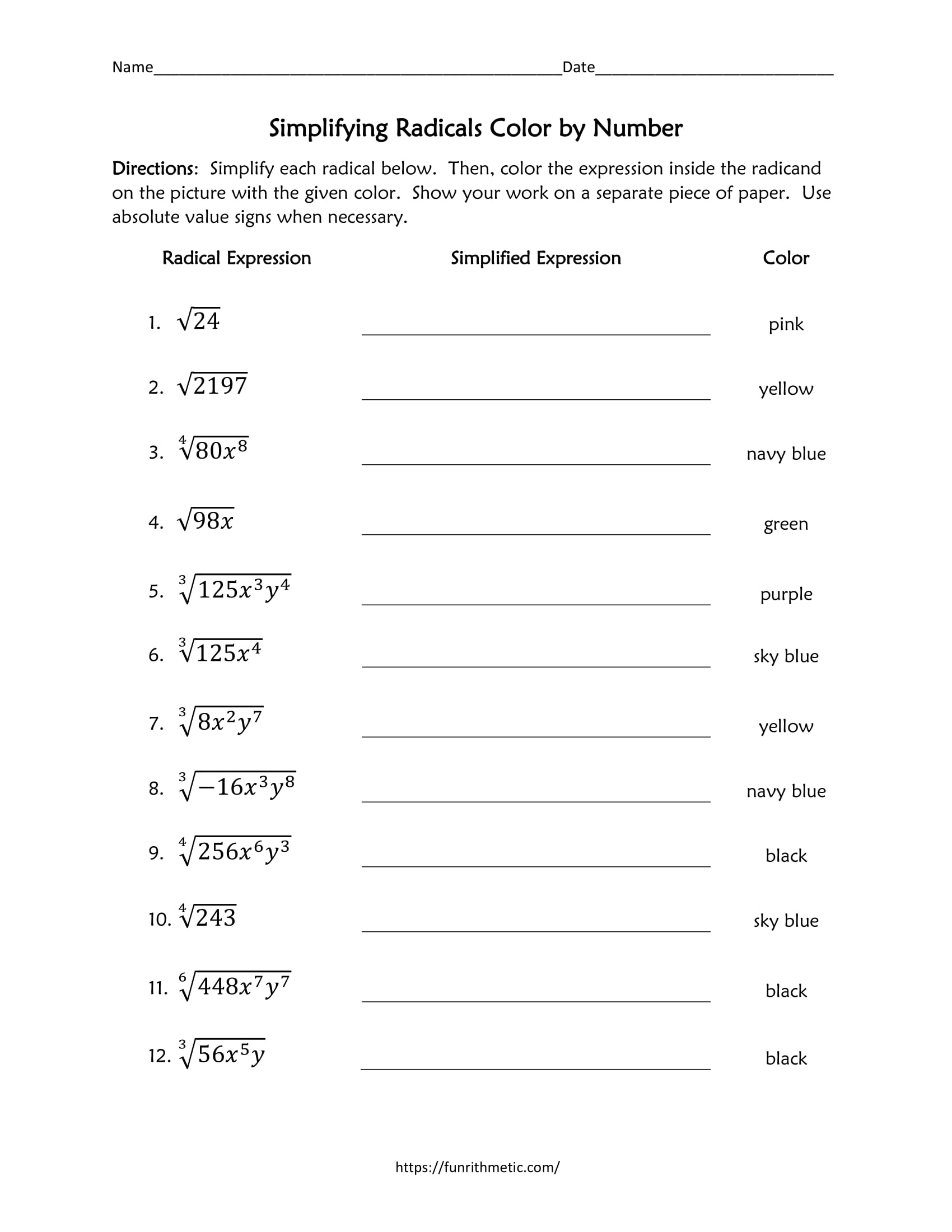 Simplifying Radicals Color by Number-2