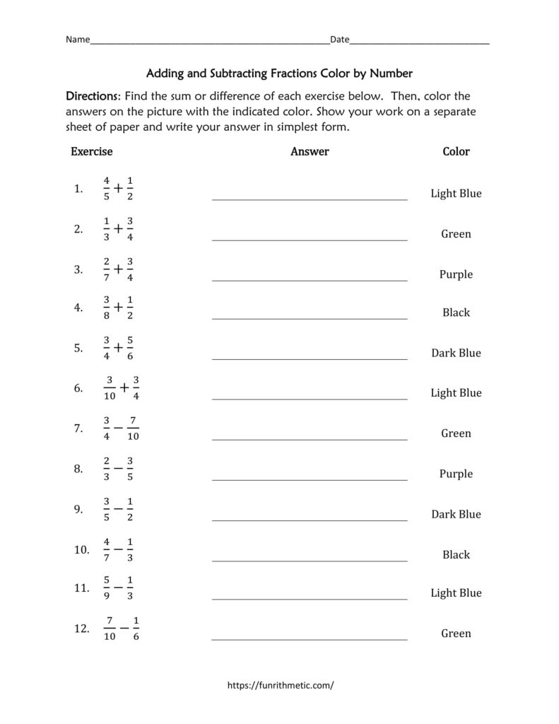 adding and subtracting fractions coloring activity