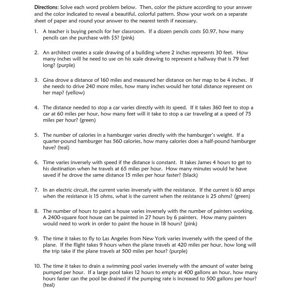 Direct and Inverse Variation Coloring activity