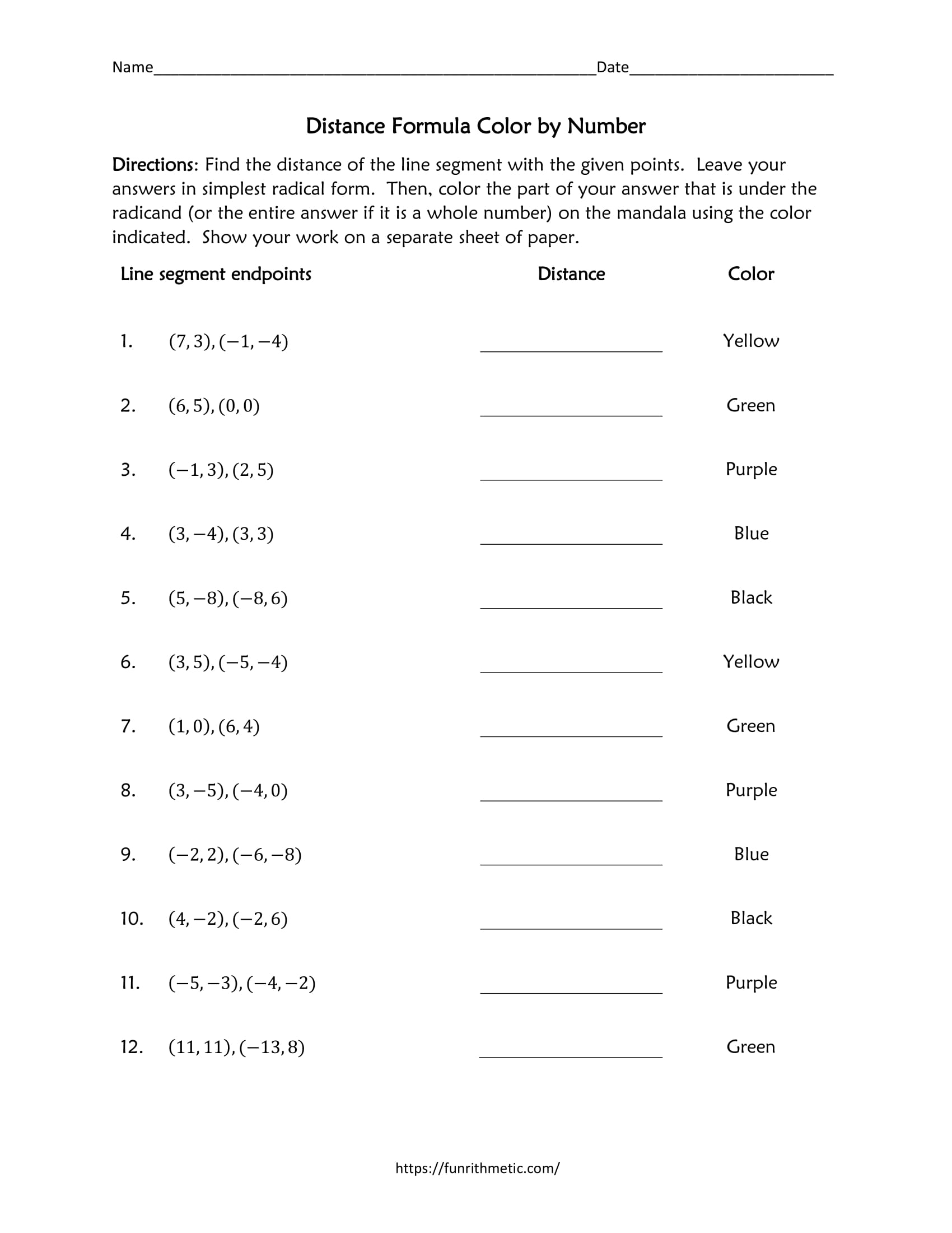 Distance Formula Coloring activity Distance Formula Coloring activity