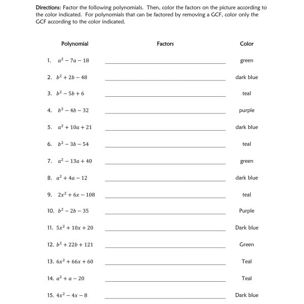 Factoring polynomials coloring worksheet