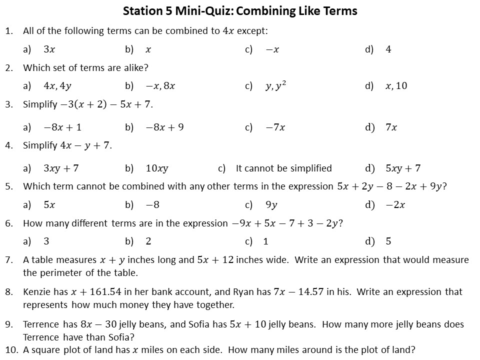 combining like terms stations combining like terms stations