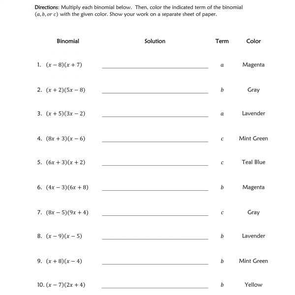 Multiplying Binomials worksheet