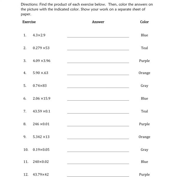 Multiplying Decimals worksheet