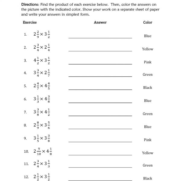 Multiplying Mixed Numbers worksheet